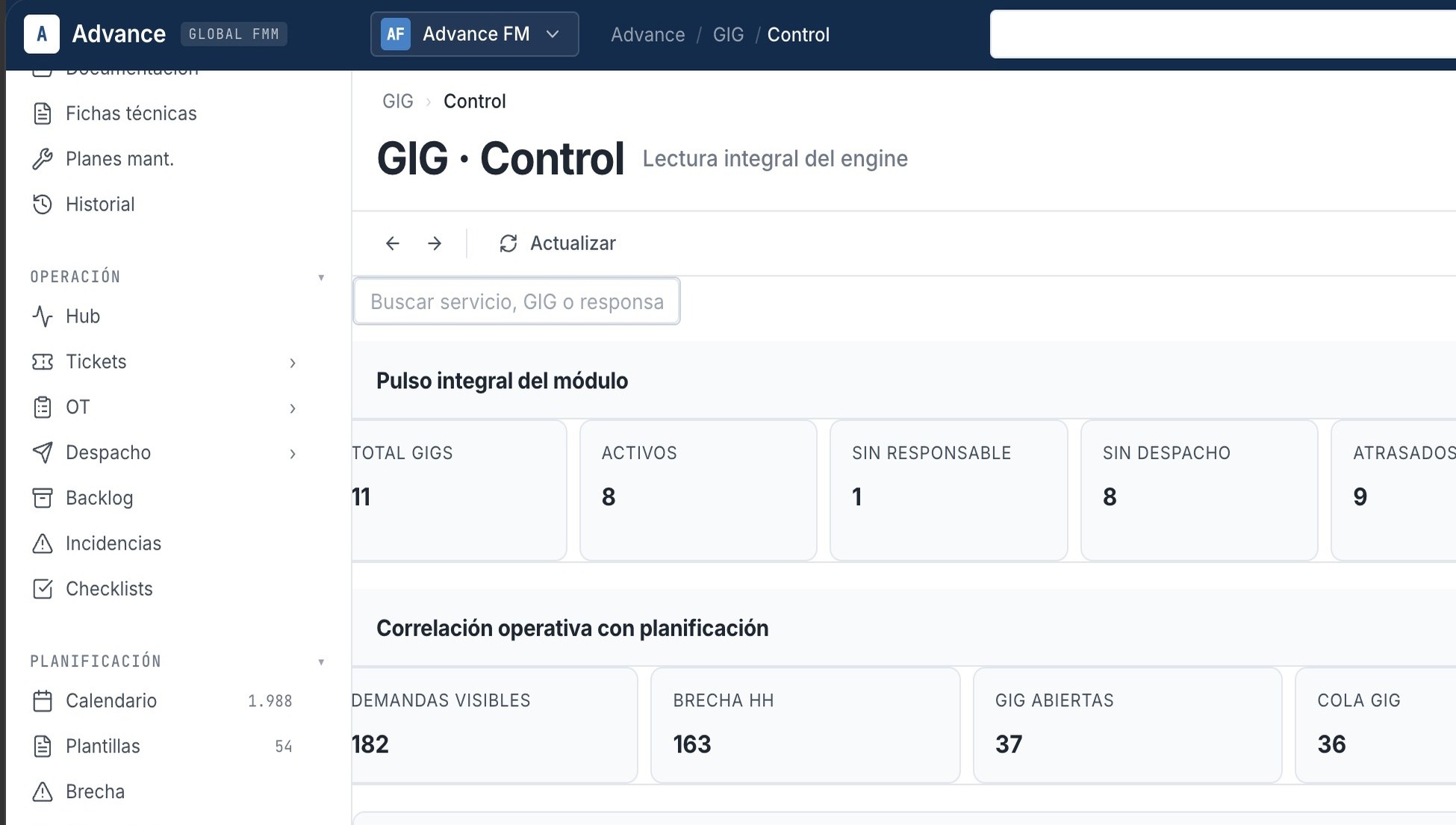Captura real de Control GIG en Advance.