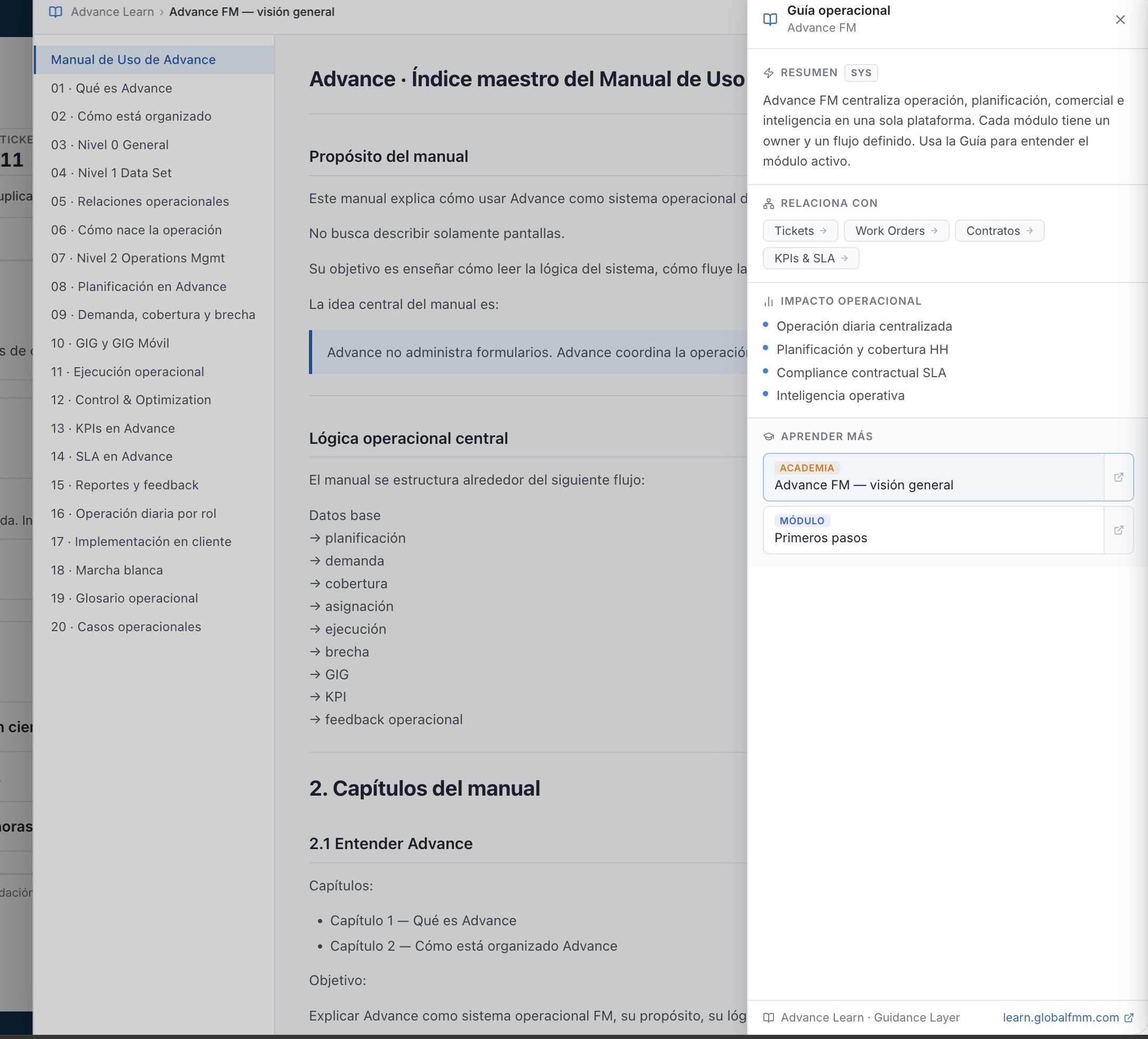 Advance Learn con índice del manual, navegación lateral, contenido abierto y guía operacional integrada.